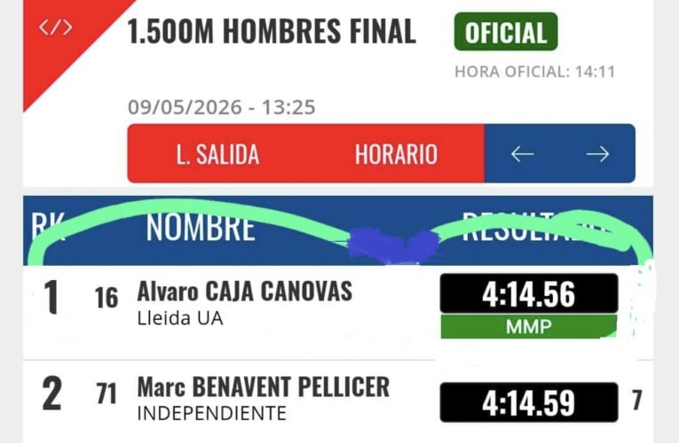 2026-05-09 – Millor temps personal d’Alvaro Caja Cánovas en 1.500 ml. en pista.